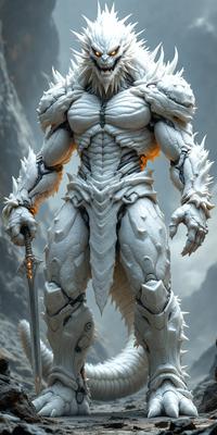 The primary subject of the image is a white, armor-like suit with a spiky design. The suit is adorned with a sword, and the overall visual style appears to be a combination of digital art and illustration. The setting is a mountainous environment, with the suit standing in front of a mountain. The colors and mood of the image are predominantly white, giving it a clean and futuristic appearance.